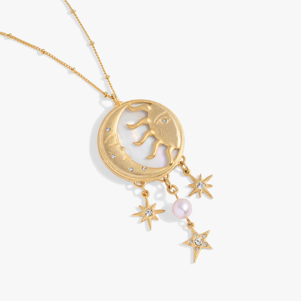 Celestial Moon and Sun Multicharm Pendant Necklace with Crystals