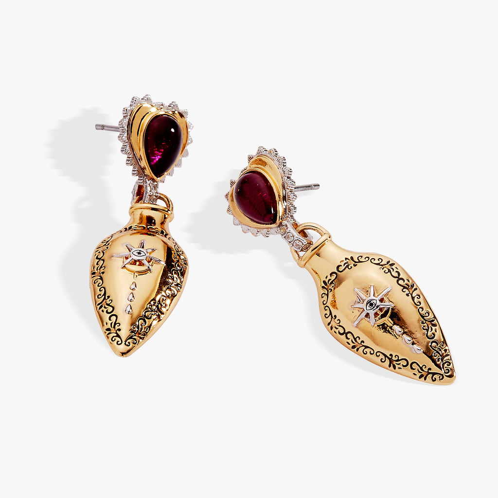 Moon Magic Potion Bottle Drop Earrings in Gold & Deep-Red