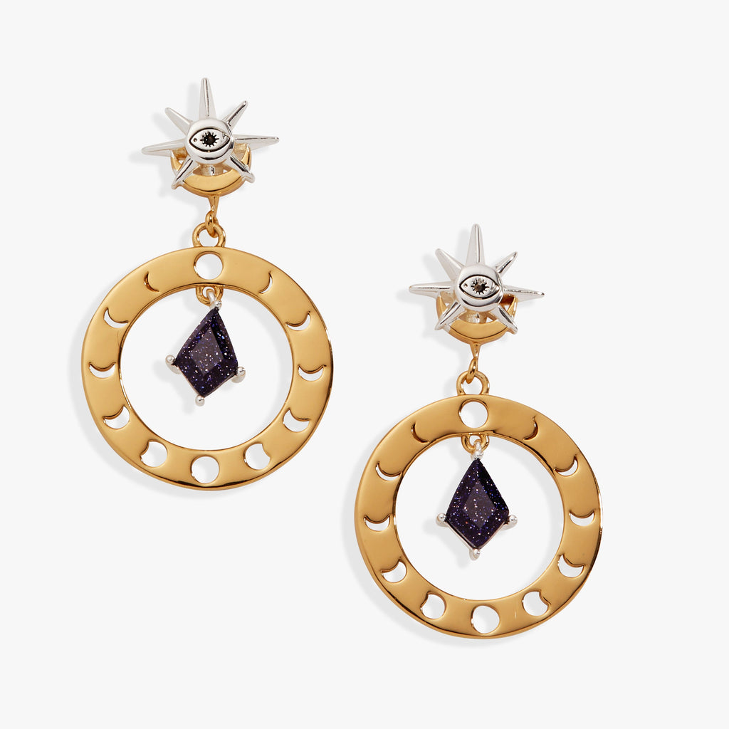 Celestial moon phase statement earrings featuring blue sunstone and gold and silver star motifs