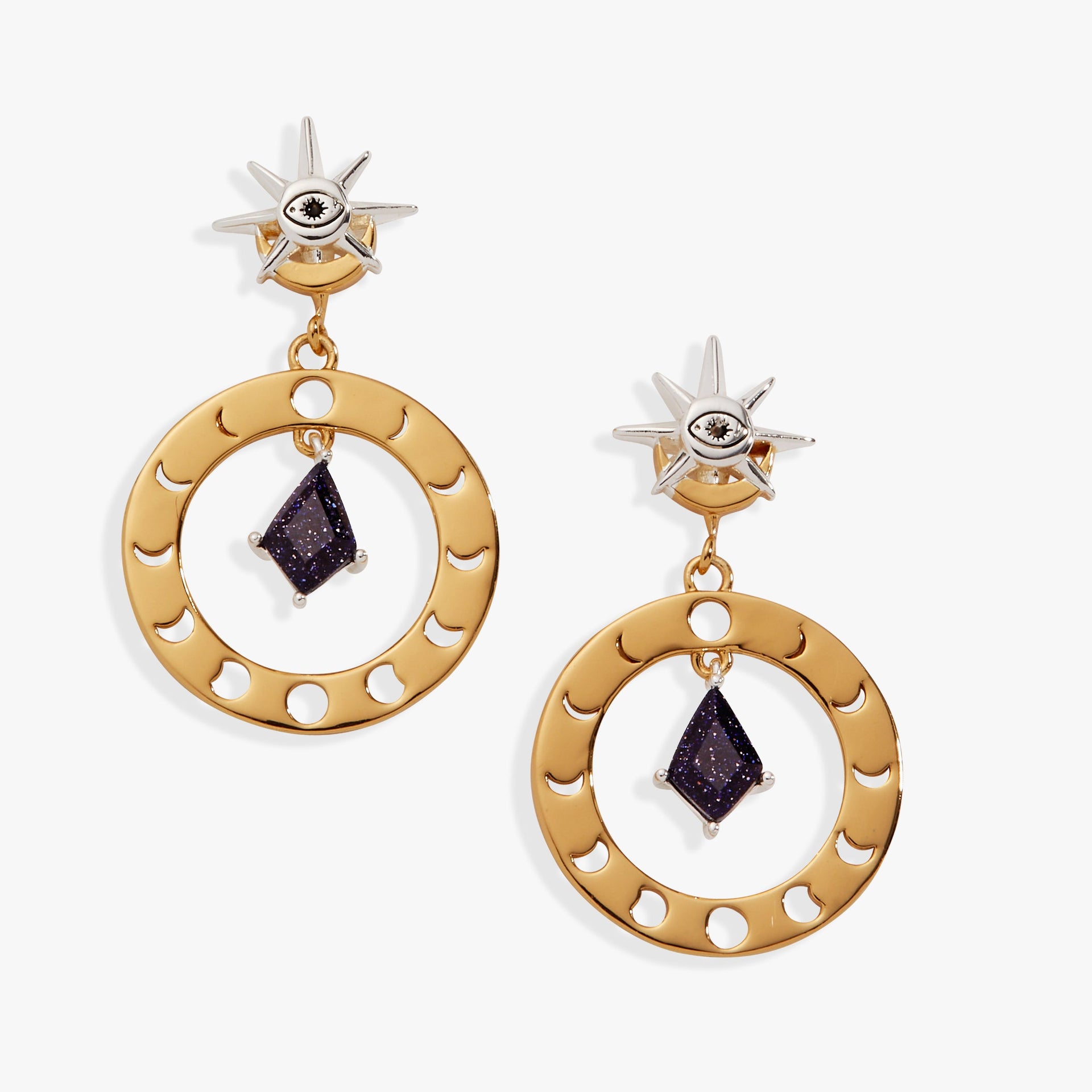 Celestial moon phase statement earrings featuring blue sunstone and gold and silver star motifs