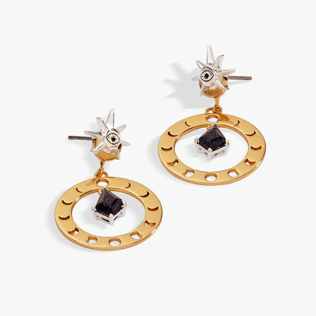 Celestial Moon Phase Statement Earrings with Blue Sunstone