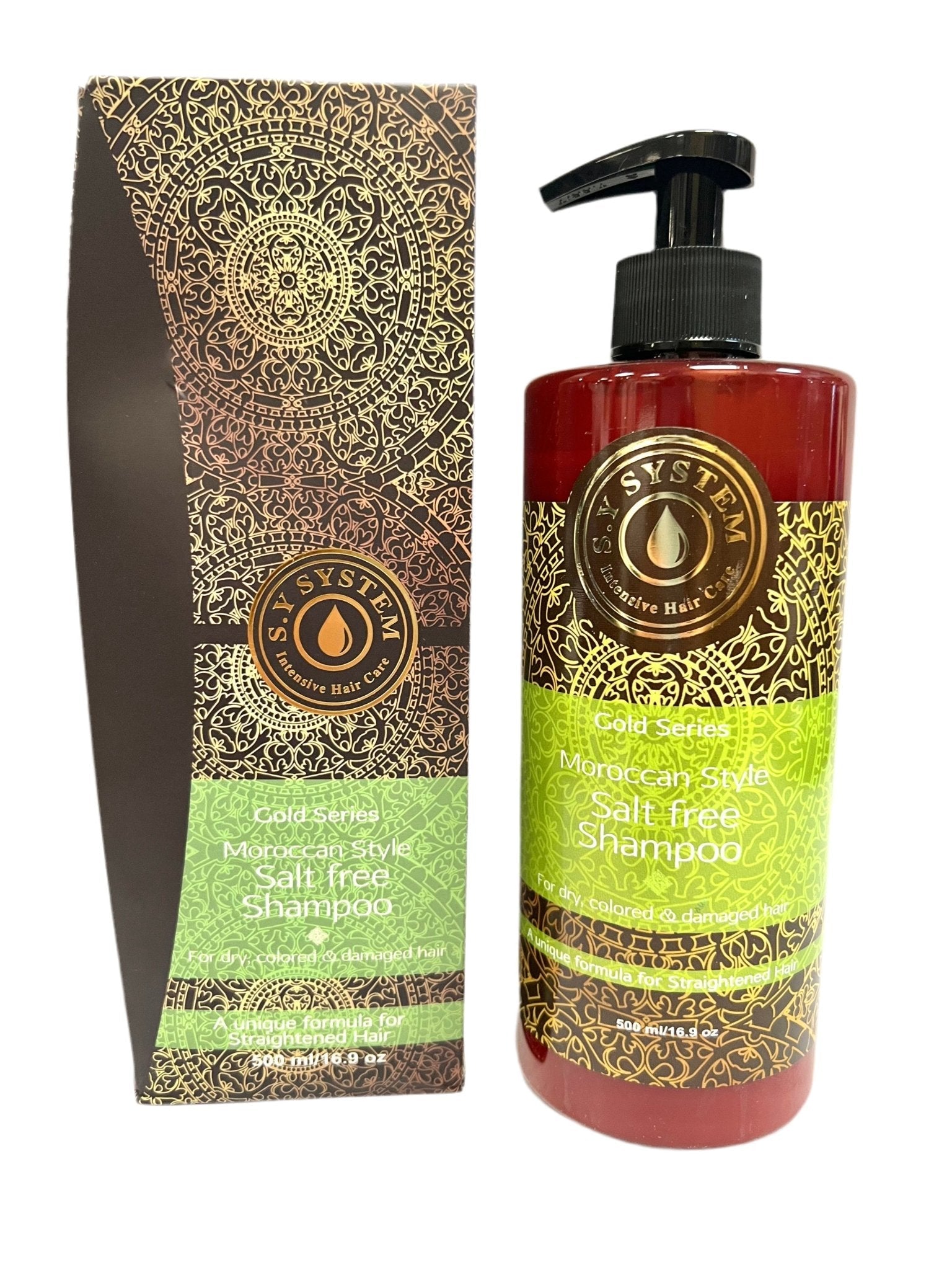 Bottle of Moroccan Gold Series Salt-Free Shampoo for damaged and colored hair
