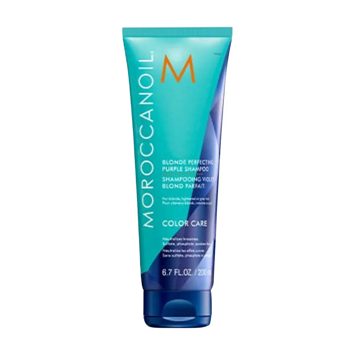 Bottle of Moroccanoil Blonde Perfecting Purple Shampoo 6.7 OZ on a neutral background