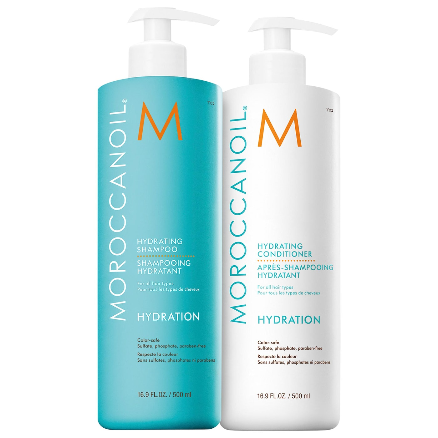 Moroccanoil Hydrating Shampoo and Conditioner 500ml bottles in signature teal and white