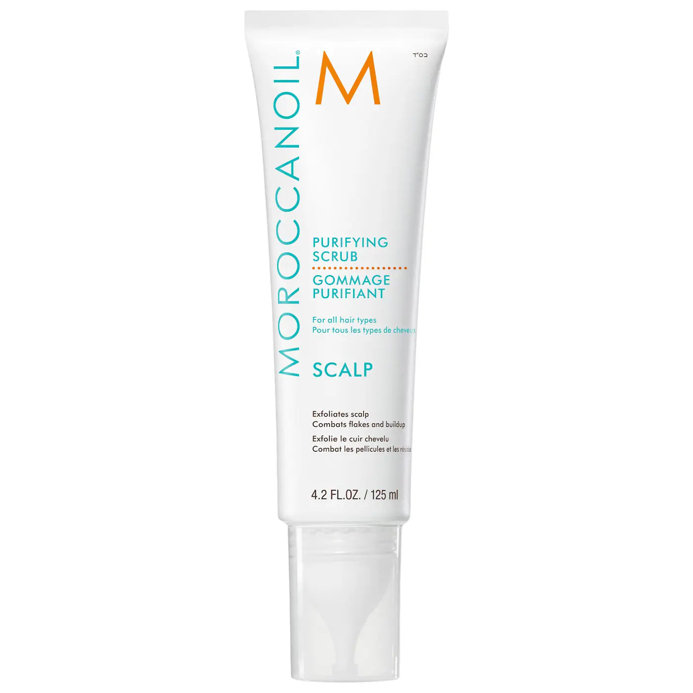 Moroccanoil Purifying Scalp Scrub bottle in white, teal, and orange packaging.