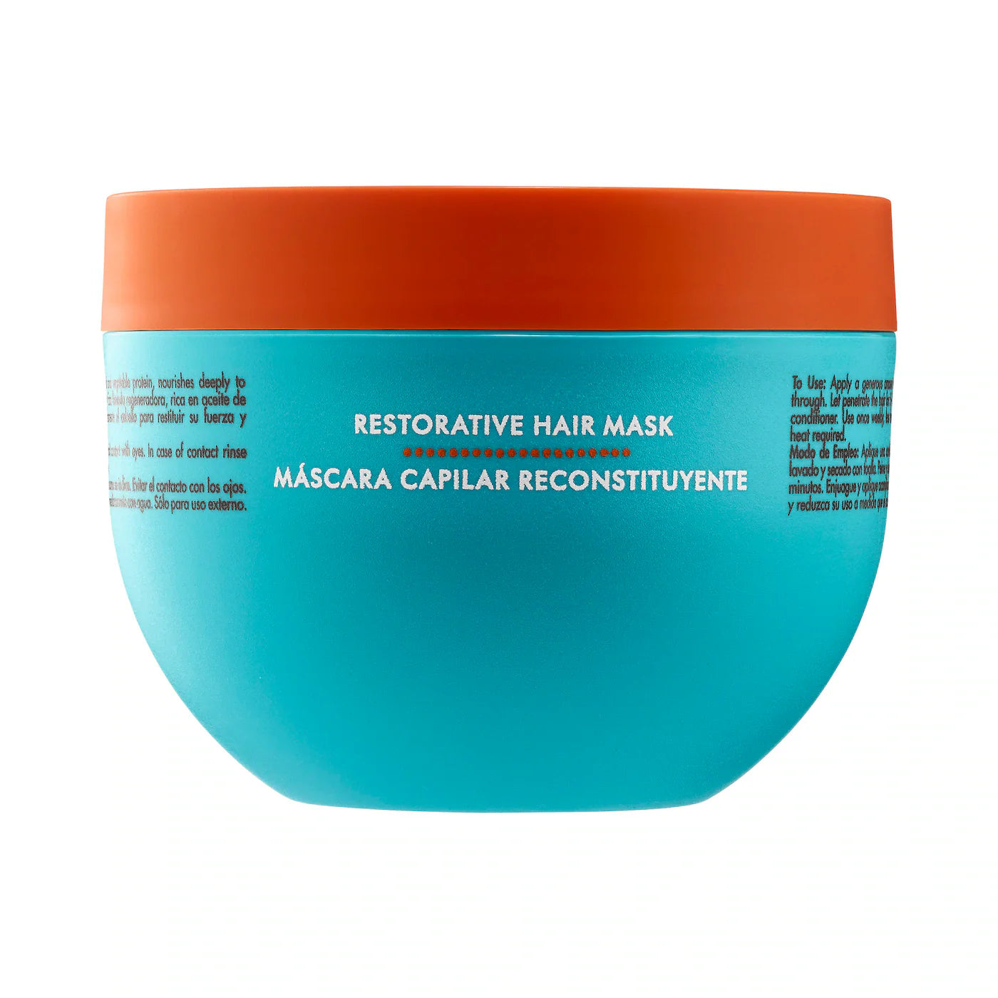 Moroccanoil Restorative Hair Mask in teal and orange plastic container.