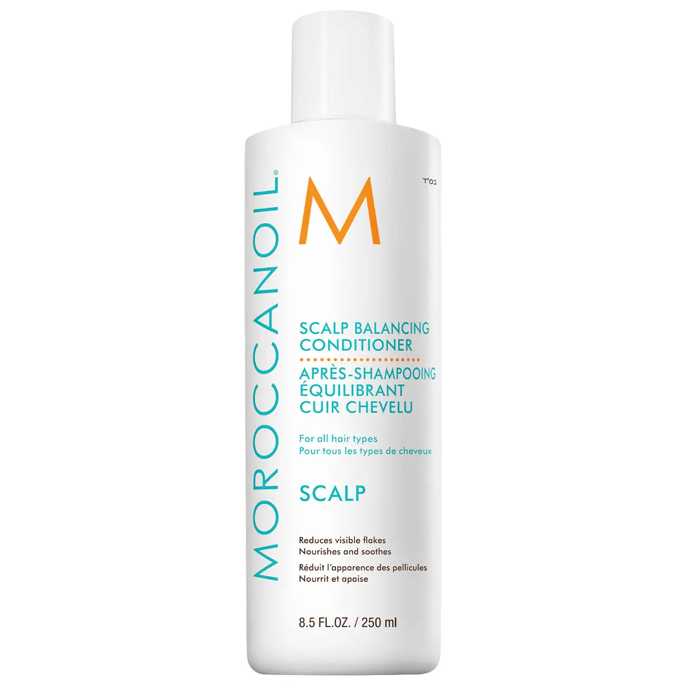 Moroccanoil Scalp Balancing Conditioner bottle with professional white, orange, and teal branding
