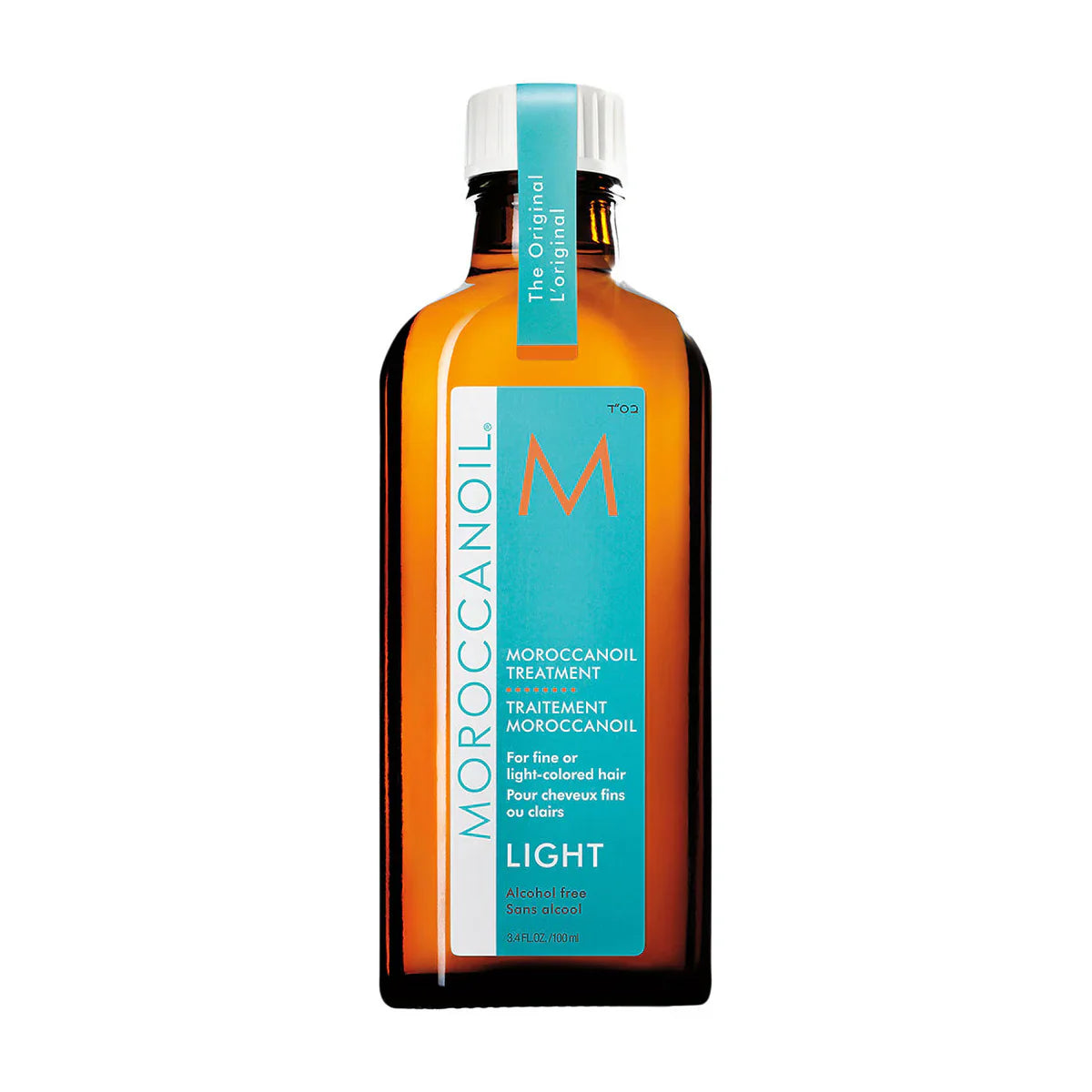 A bottle of Moroccanoil Treatment Light, an argan oil-infused hair product for fine and light-colored hair.