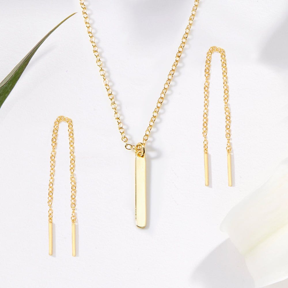 Mother Gold Bar Earring Threader and Necklace Jewelry Set