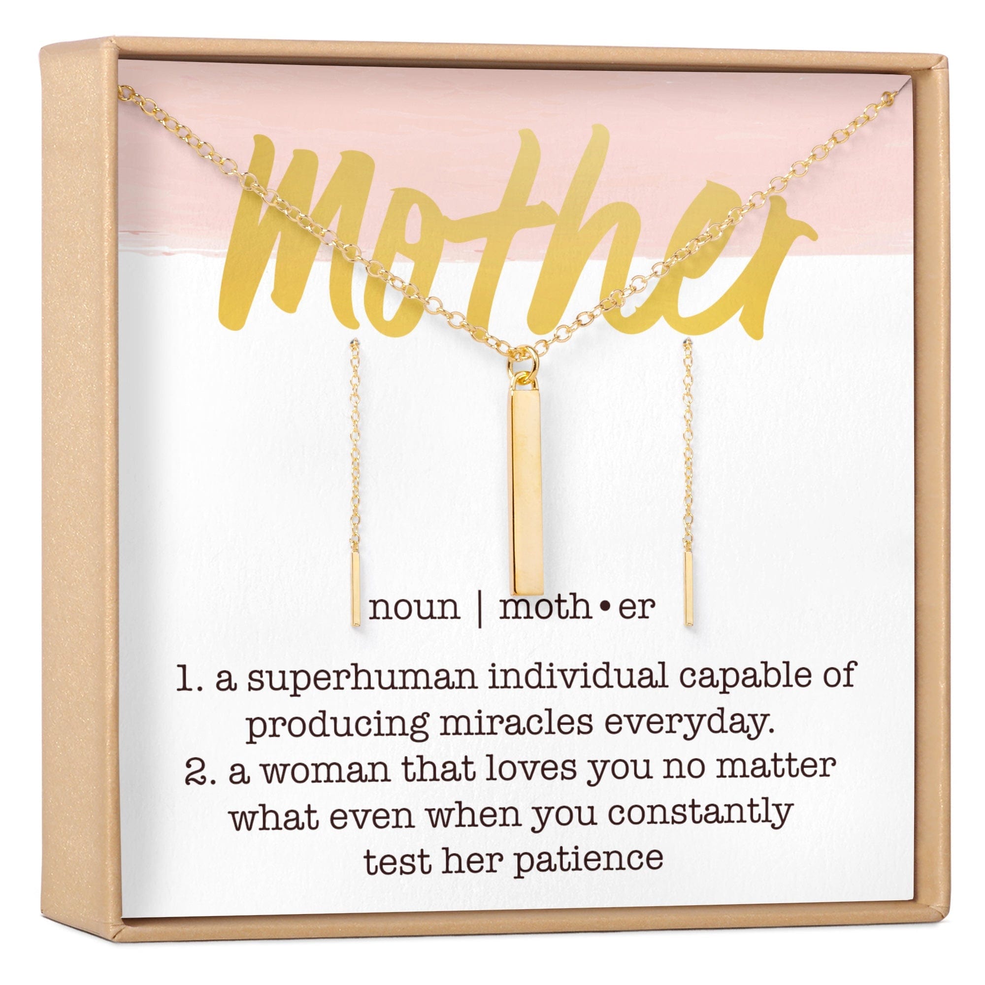 Mother Gold Bar Earring Threader and Necklace Jewelry Set