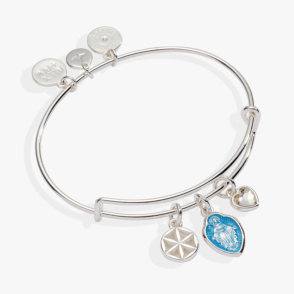 Expandable wire bangle bracelet with Mother Mary medallion, rosette, and crystal heart charms.