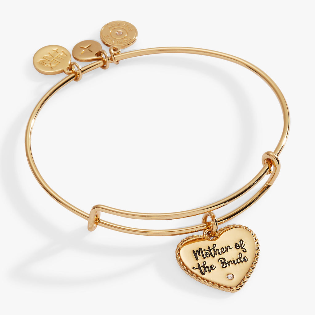 Alex And Ani Mother of the Bride expandable wire bangle with a heart charm and crystal accent.