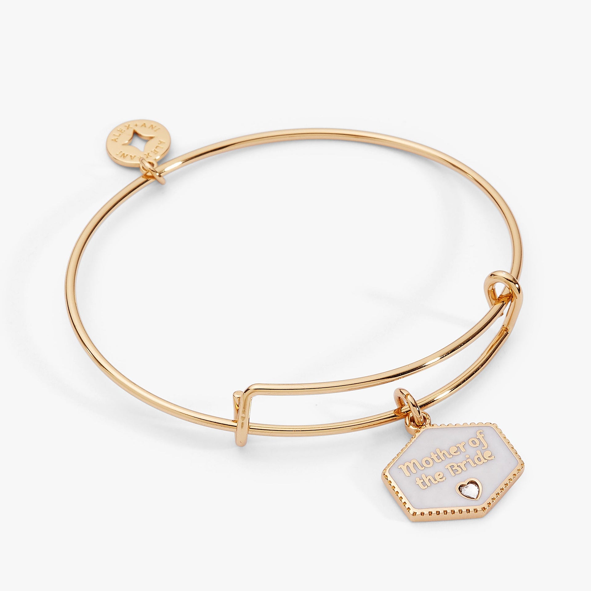 Mother of the Bride gold-tone expandable bangle with pearlized white enamel and a heart-shaped crystal.