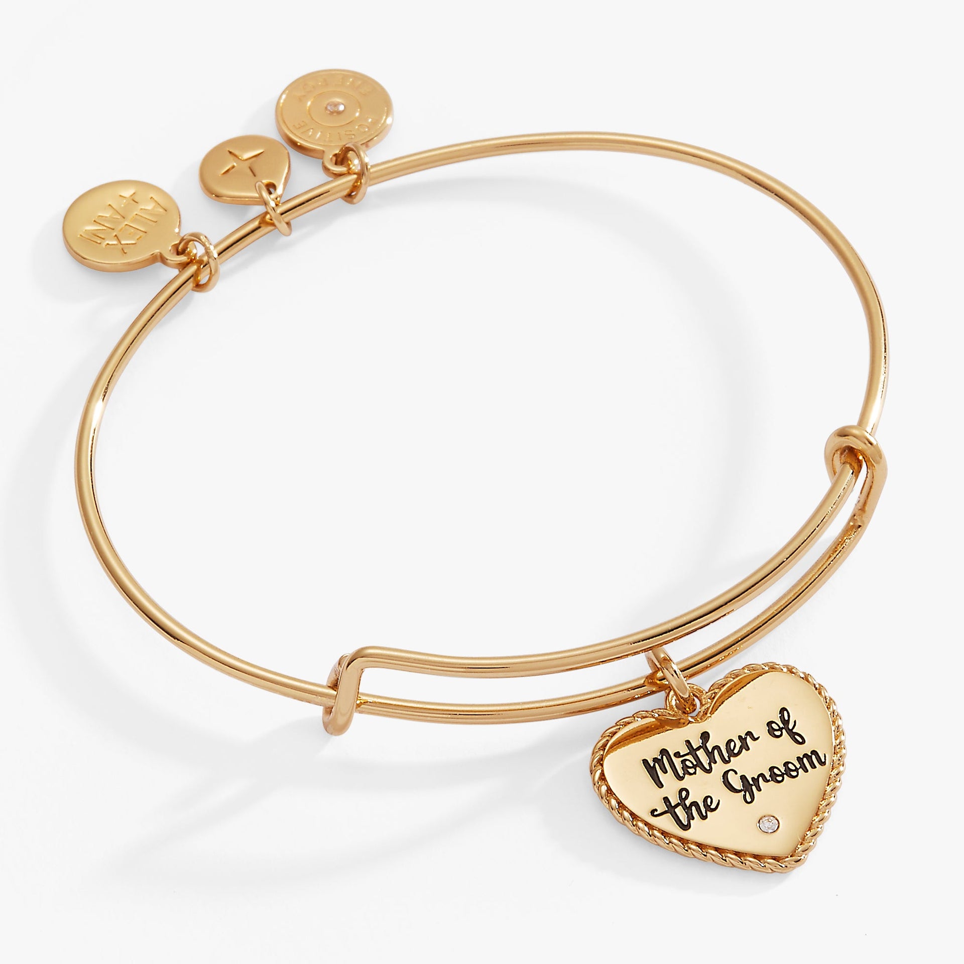 Silver tone Mother of the Groom expandable wire bangle with a heart charm and crystal accent.