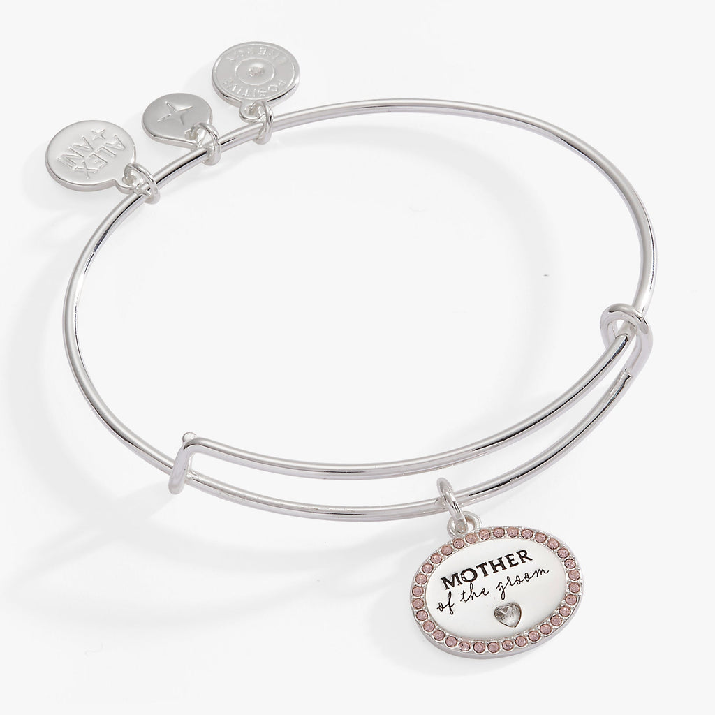 Silver-tone Mother of the Groom expandable bangle with a clear heart charm and pink crystals.