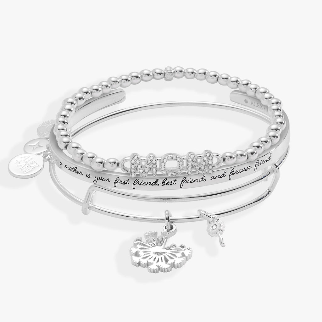 Set of 3 bracelets featuring MOM pavé beads, dandelion charm, and engraved mother quote cuff.