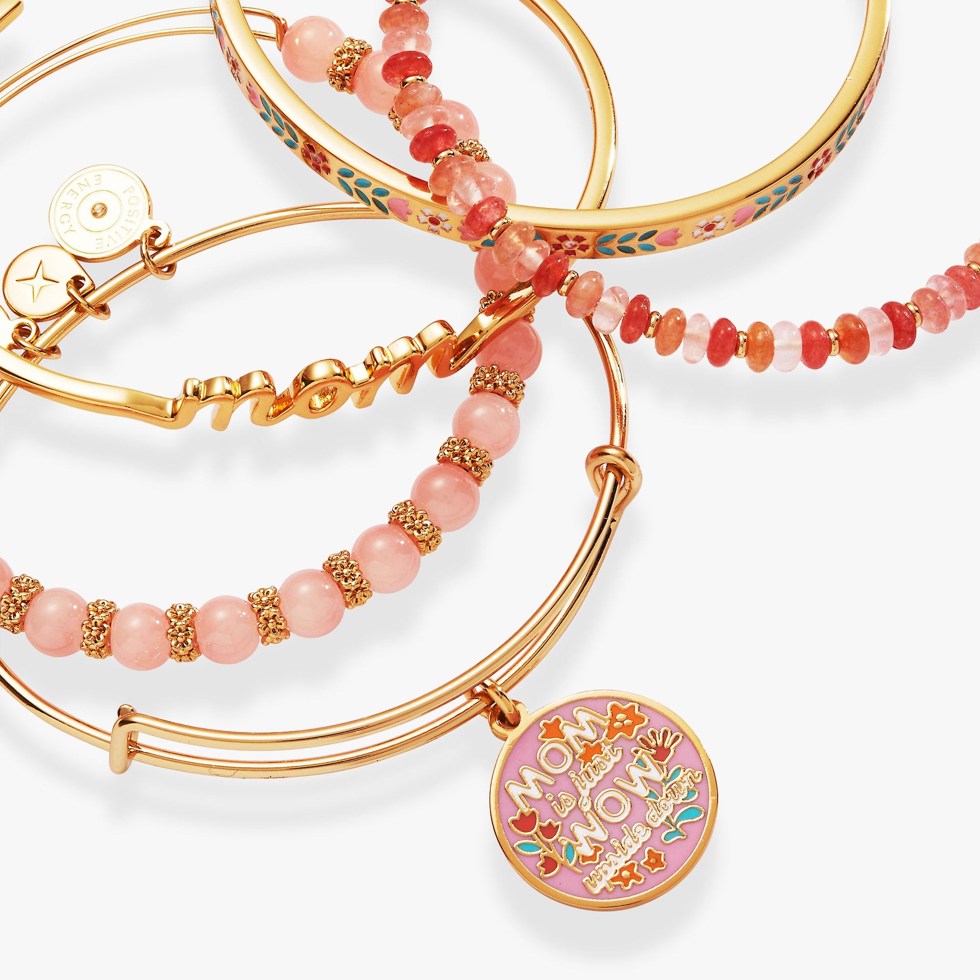 Mom Is Just Wow Upside Down Bangle Set of 5 in Gold and Pink
