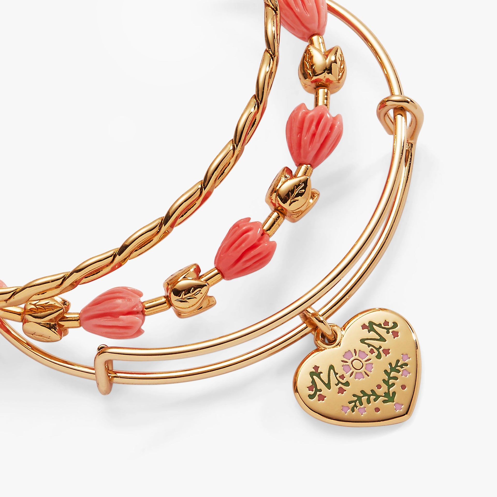 Floral Mom Tulip Bangle Bracelet Set of 3 in Gold and Pink