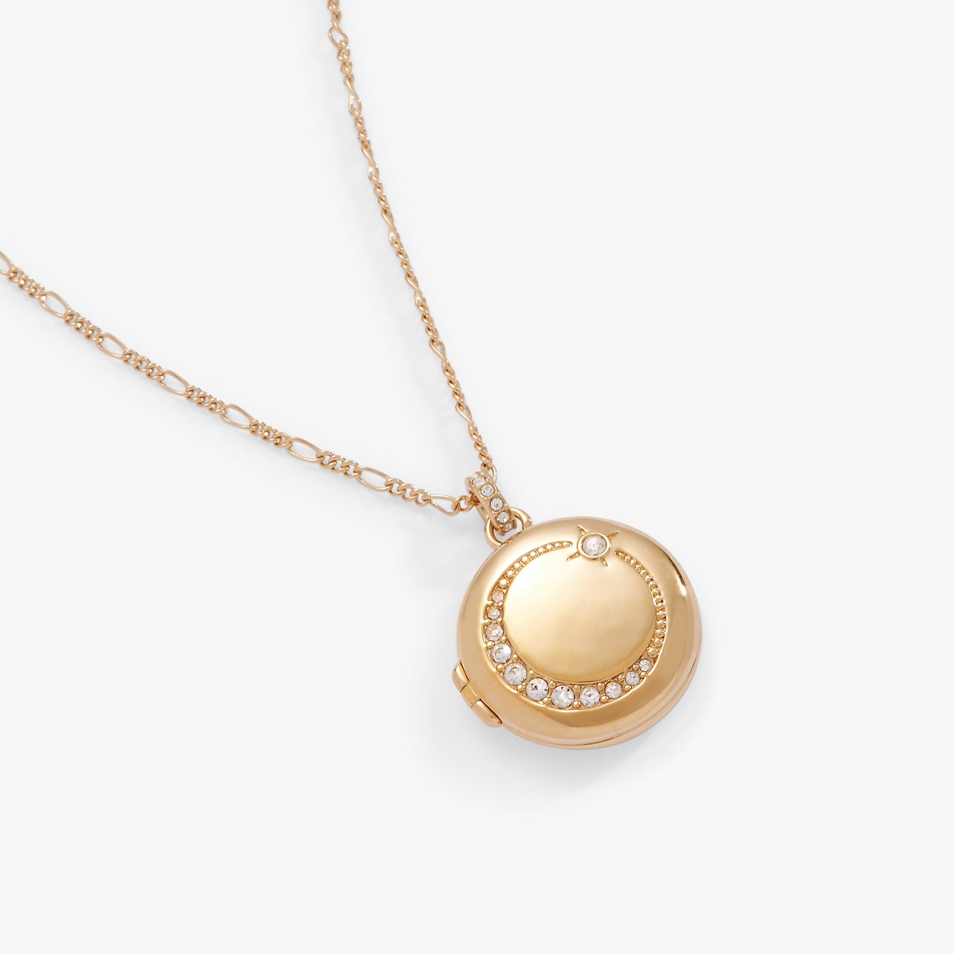 Mother Locket Necklace featuring a pavé crystal crescent moon pendant on a delicate chain