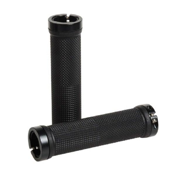 Close-up of non-slip rubber handlebar grips with double lock-on mechanism
