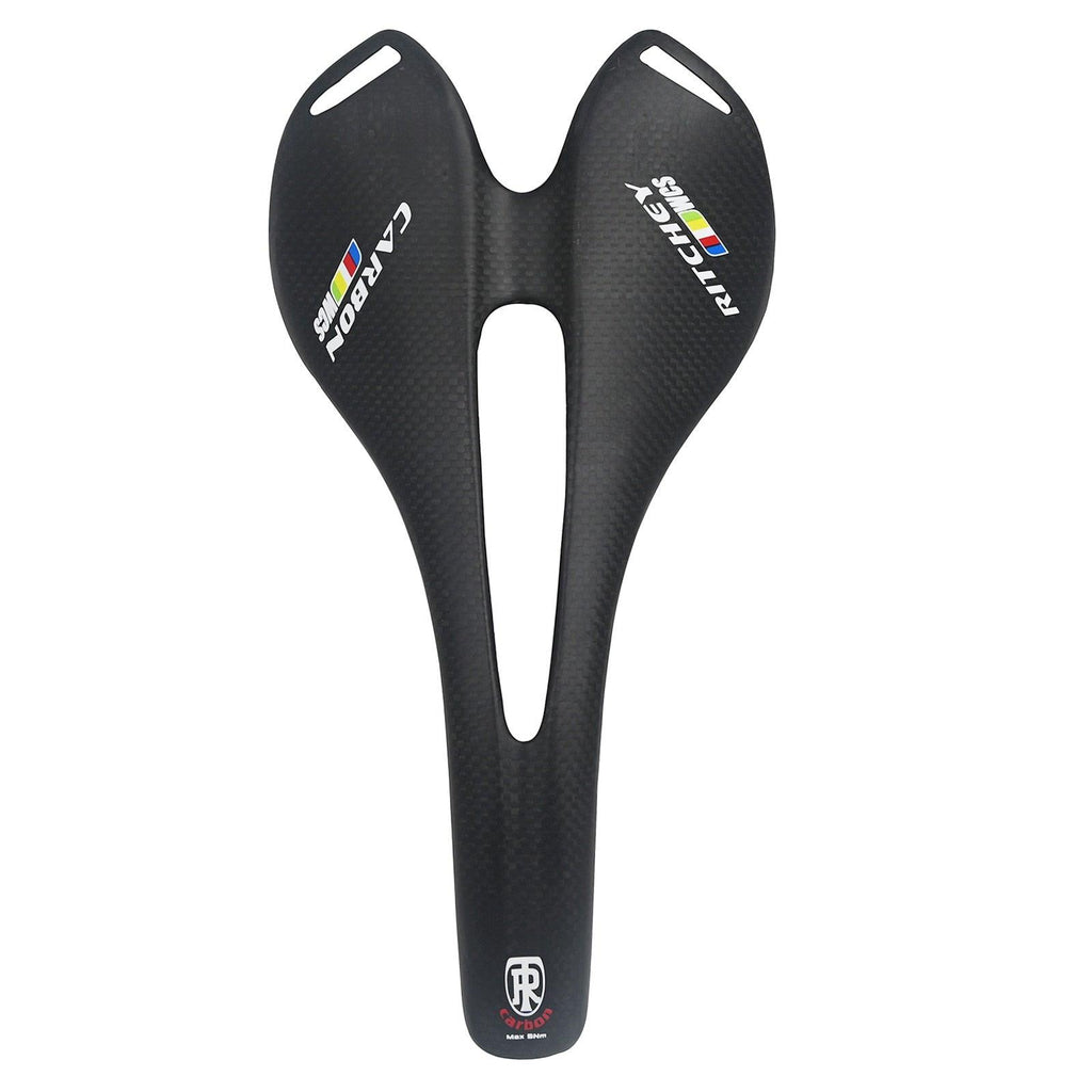 Lightweight black carbon fiber road bike saddle with ergonomic breathable design
