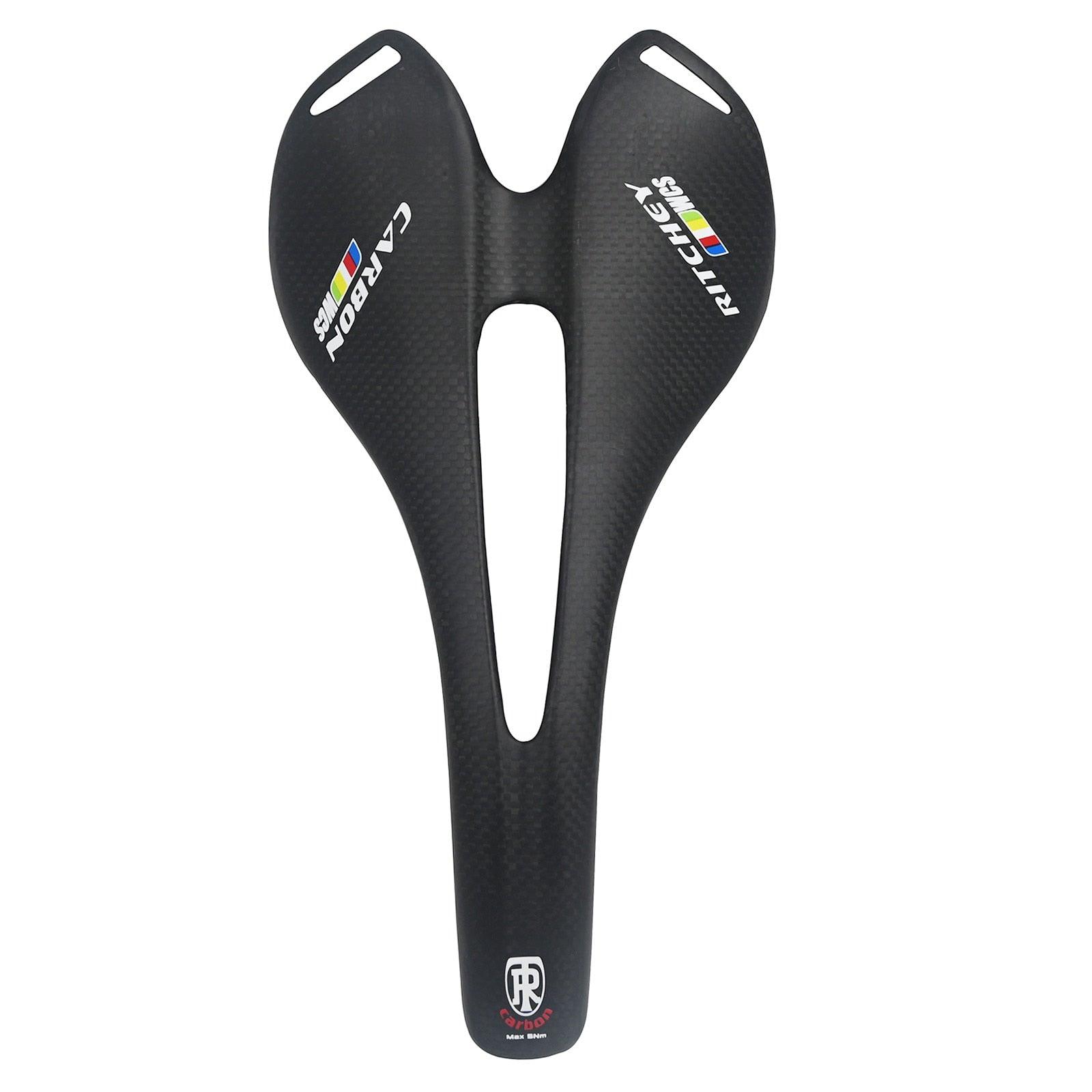 Lightweight black carbon fiber road bike saddle with ergonomic breathable design