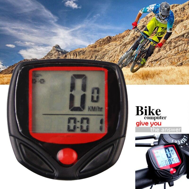 Miniature bike speedometer with LCD screen mounted on mountain bike handlebars