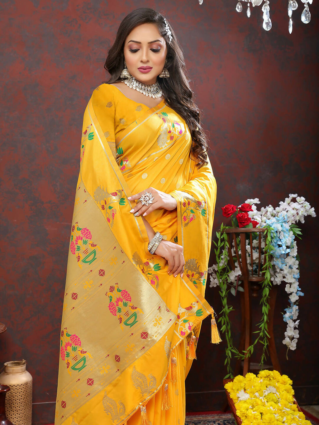 Gold Soft Paithani Silk Saree with Gold Zari Meenakari Weaving