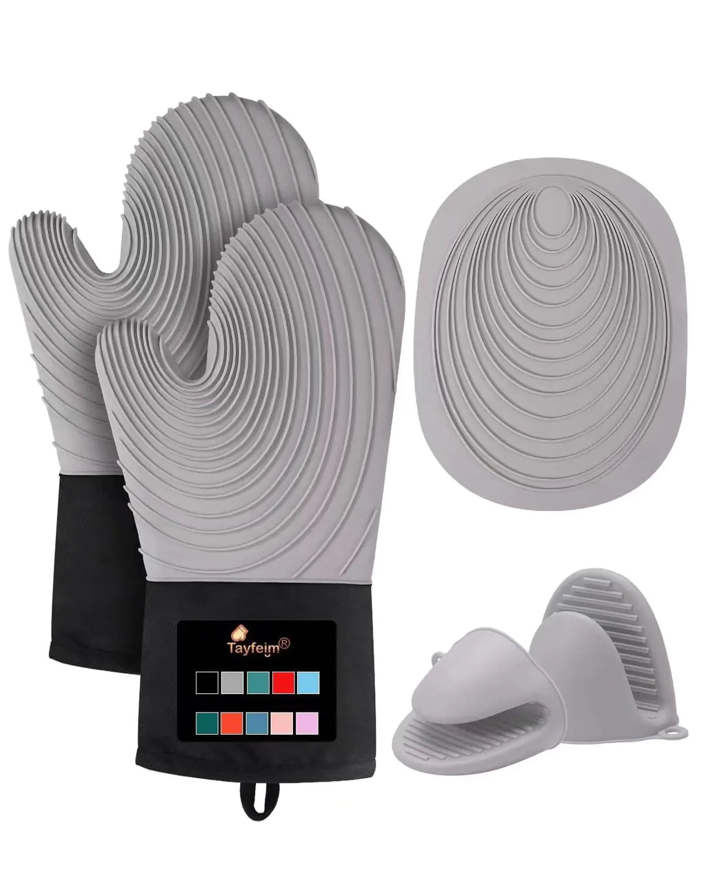 5Pcs Oven Mitts and Pot Holders 500°F High Heat Resistant Silicone Kitchen Oven Mitts Waterproof Non-Slip Easy to Clean Cotton Lined Oven Gloves BPA-Free Oven Mits Set for Baking and Cooking