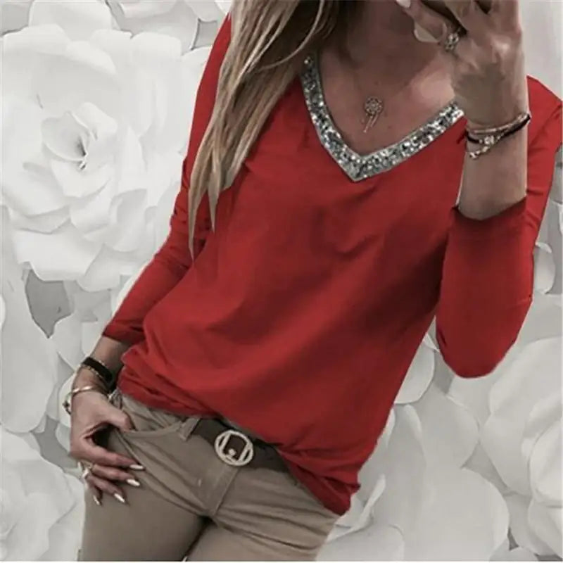 Women's Black Long Sleeve V Neck T-Shirt with Sequin Trim - Image 21