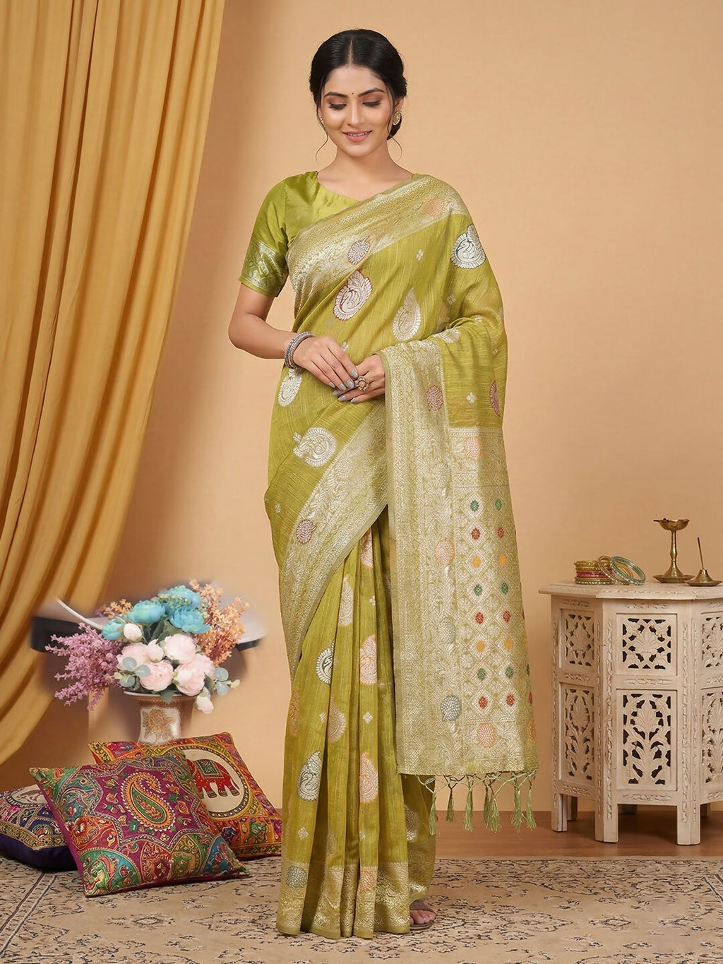 Mustard linen cotton saree with matching fabric for the blouse