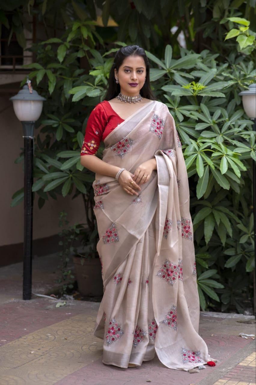 Fossil Pure Linen Ethnic Motifs Saree with Unstitched Blouse - Hiral Fashion