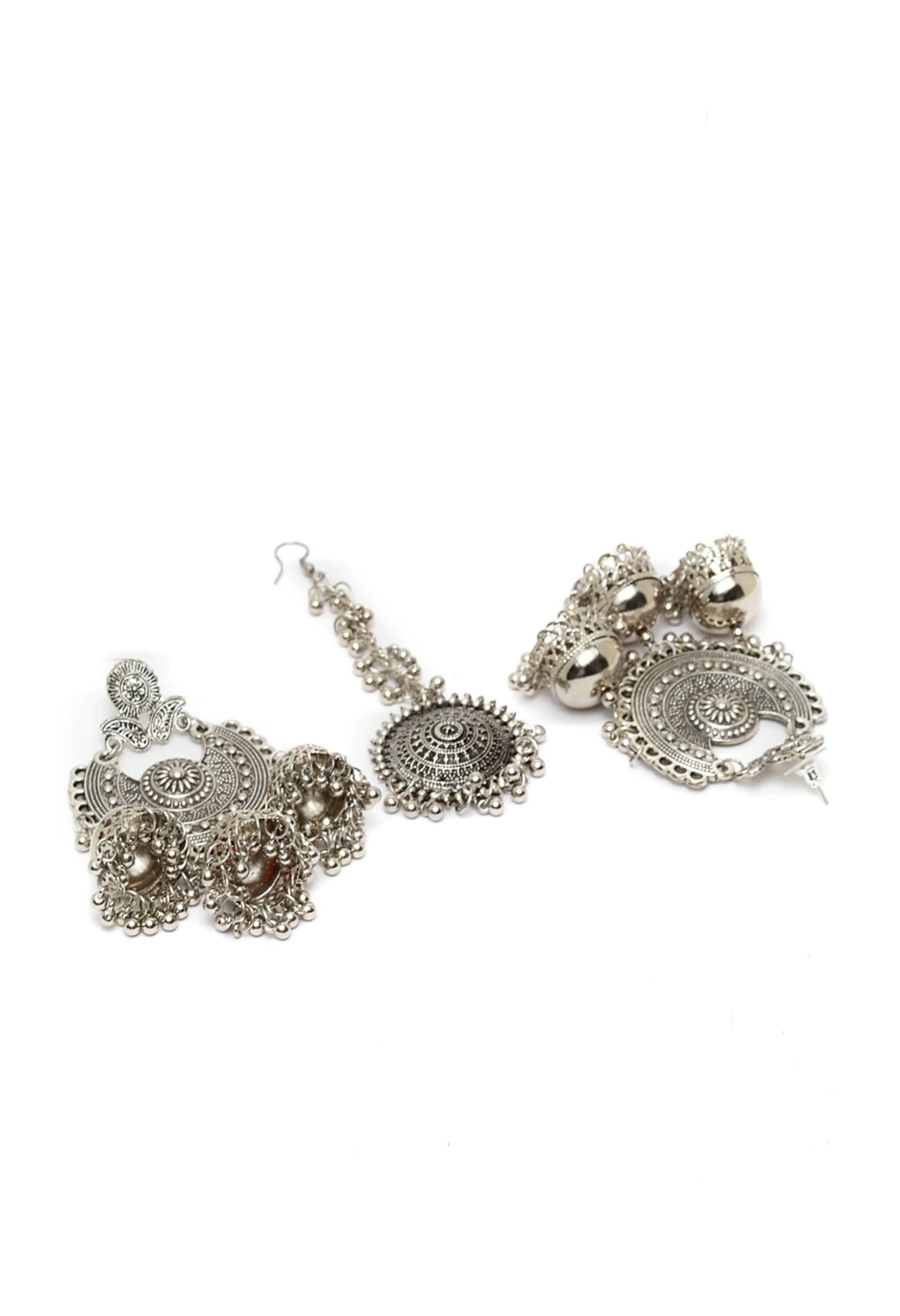 Silver Jhumka Earrings with Maang Tikka - Bohemian Ethnic Style