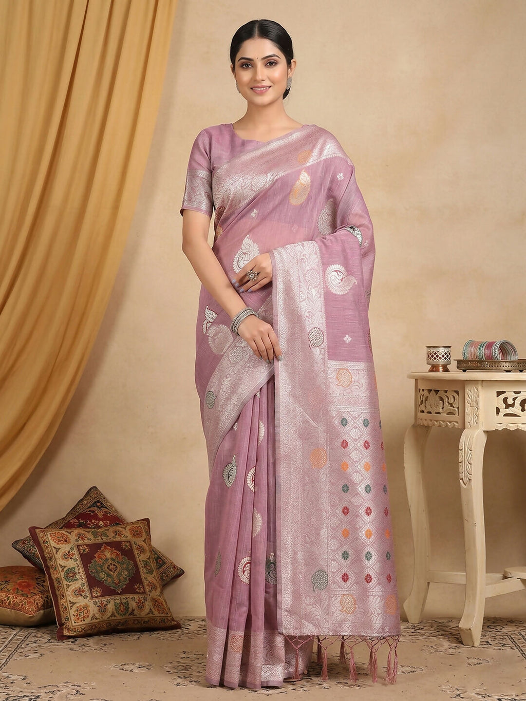 Vibrant purple linen cotton saree with matching blouse piece