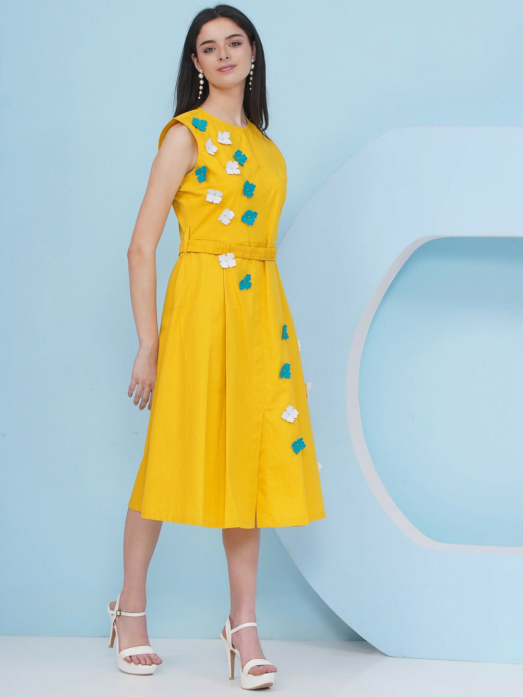 Yellow Dress with 3D Flower Embroidery and Belt