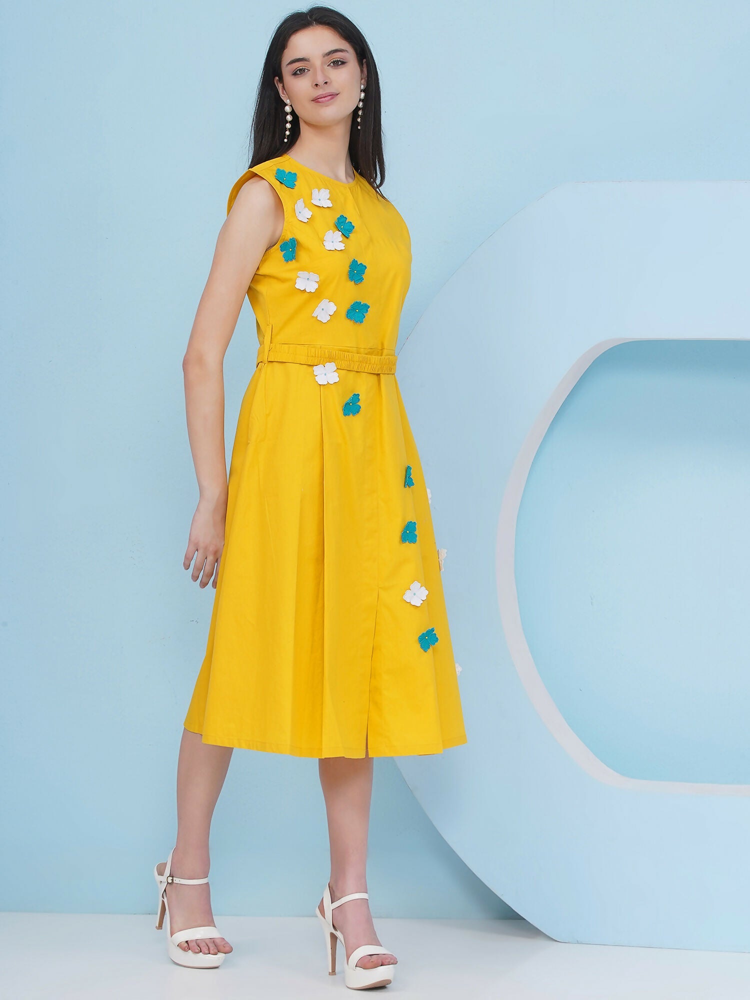 Yellow Dress with 3D Flower Embroidery and Belt