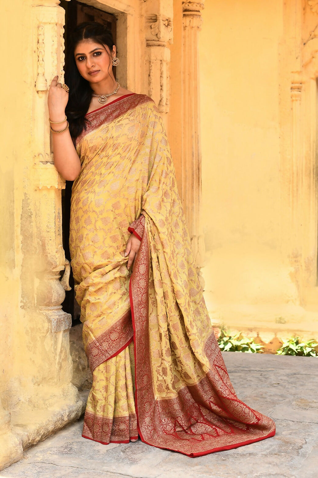 Yellow Crepe Chiffon Pure Handloom Banarasi Silk Saree