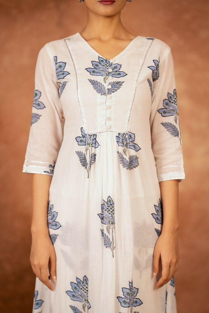 Off White and Blue Hand Block Printed Cotton Suit Set