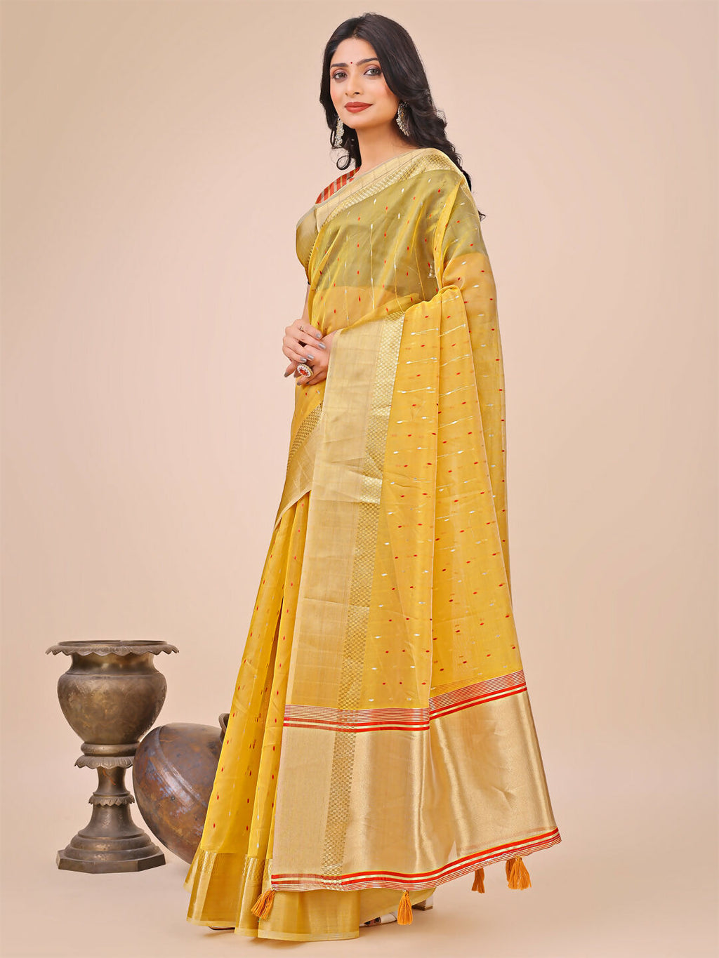 Yellow Organza Saree with Matching Blouse Piece