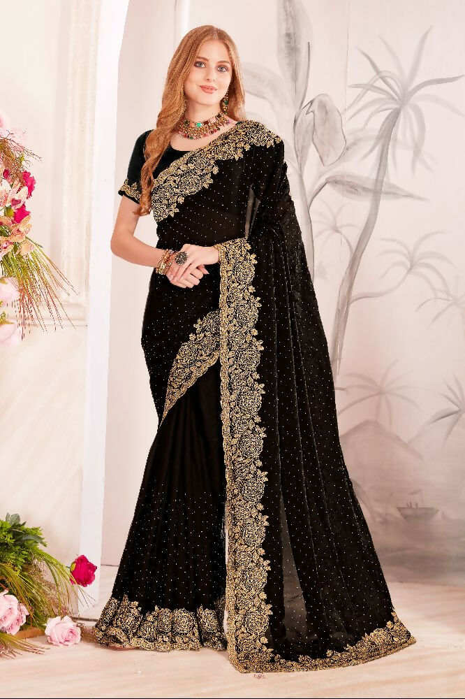 Black Fendi Two Tone Silk Saree with Zari, Resham & Zircon Work
