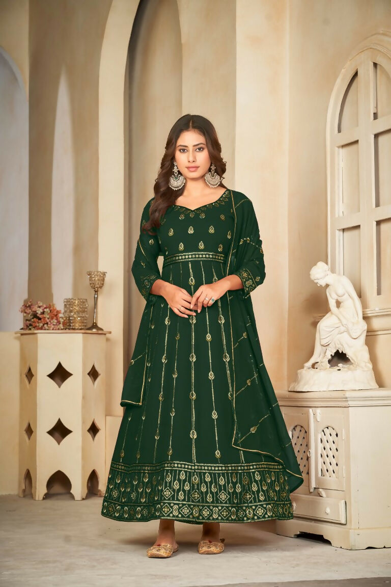 Jyoti Fashion Women's Bottle Green Georgette Embroidered Anarkali Kurta Pant Set With Dupatta
