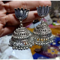 Traditional lotus design oxidized silver jhumka earrings with intricate dots