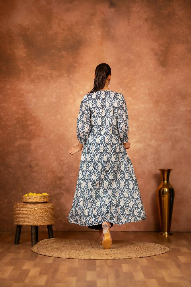 Blue Floral Hand Block Printed Cotton Kurta Pant Set