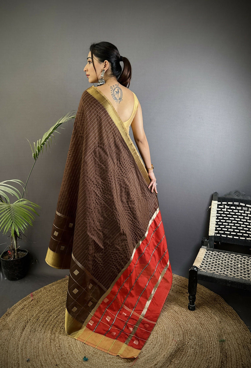 Joban Fashion Chocolate Brown Bhagalpuri Cotton Silk Stripes/Box Saree