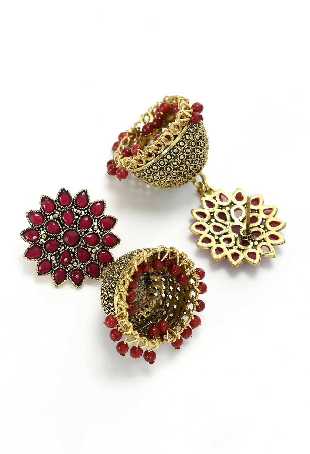 Joharkamal Kundan Jhumka Earrings with Maroon Beads - Gold Plated