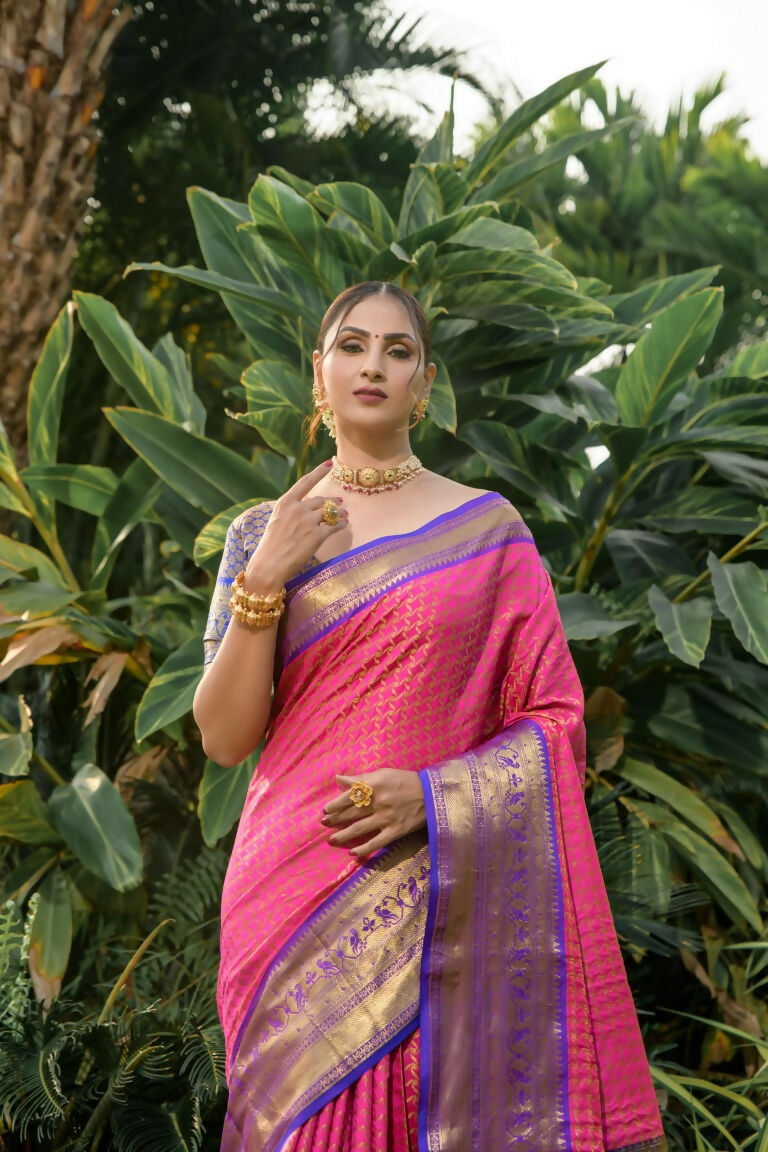Pink Kanjivaram Silk Saree with Blue Blouse and Zari Work