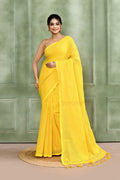 Yellow cotton blend handloom saree with zari check pattern and embellishments