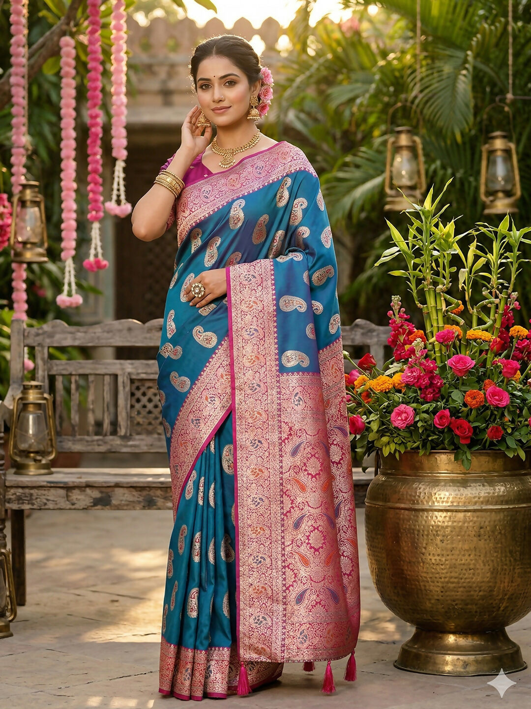 Sky blue silk blend saree draped elegantly with matching blouse fabric