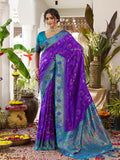 Shree Shyam Fashion Violet Soft Silk Saree with a matching teal blue blouse draped elegantly