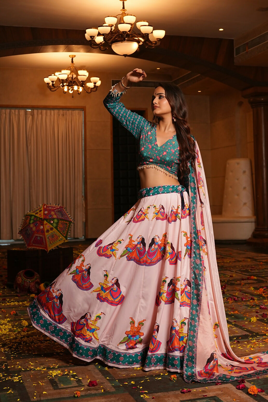 Light Pink and Teal Crepe Designer Navratri Lehenga Choli